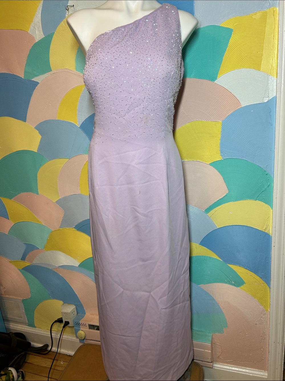 Vintage Je Matadi One-Shoulder Lilac Evening Dress with Beaded Bodice sz 22